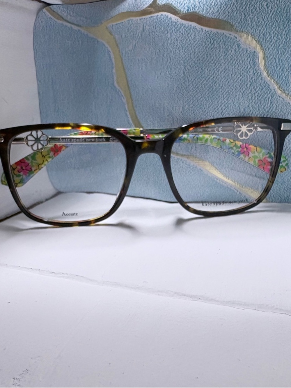 Kate Spade ♠️ navy and gold Ilana eyeglass temple with floral charm tortoise NEW